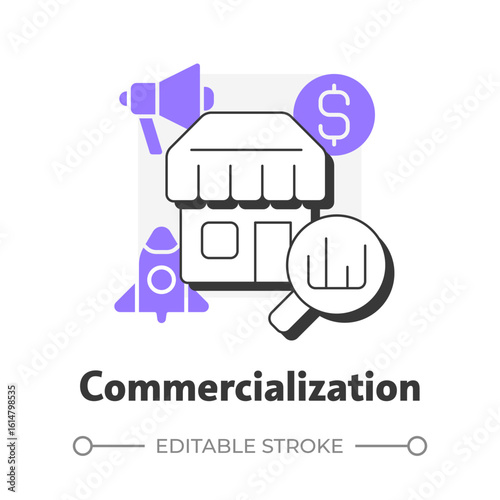 Commercialization flat outline concept icon. Introducing product and service to market. Innovation funnel step. Modern line illustration with purple glyphs. Conceptual visual. Easy to edit