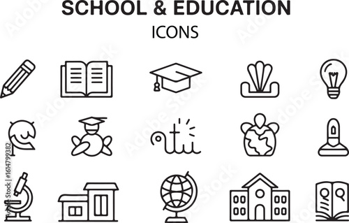 School and education icon set in line art style