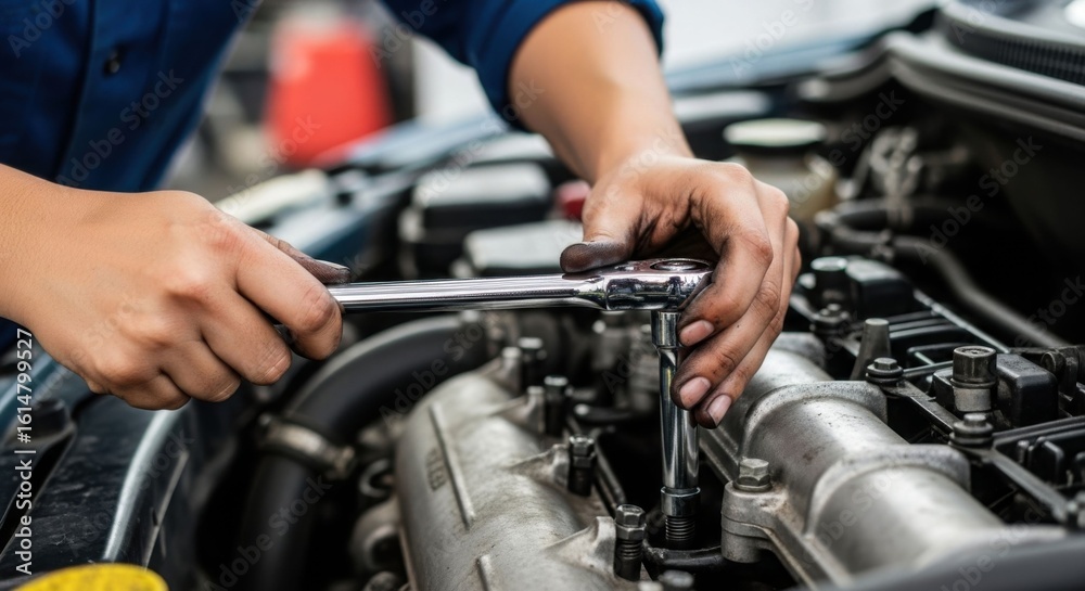Mechanic man working on car engine, tightening a bolt with a wrench. Automotive service and repair. blue collar worker. Mechanic man working on car engine, tightening a bolt with a wrench. Automotive service and repair. blue collar worker.
