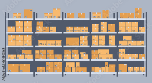 Shelves Filled with Cardboard Boxes in a Warehouse Setting