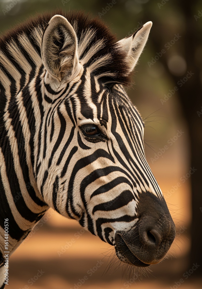 Naklejka premium Zebra Head Close-up in Natural Environment with Warm Sunset Lighting