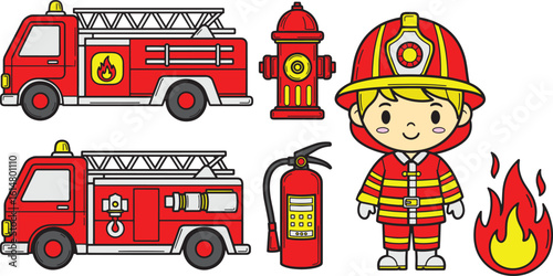  firefighter fireman firefighter engine car cartoon illustration set vector element