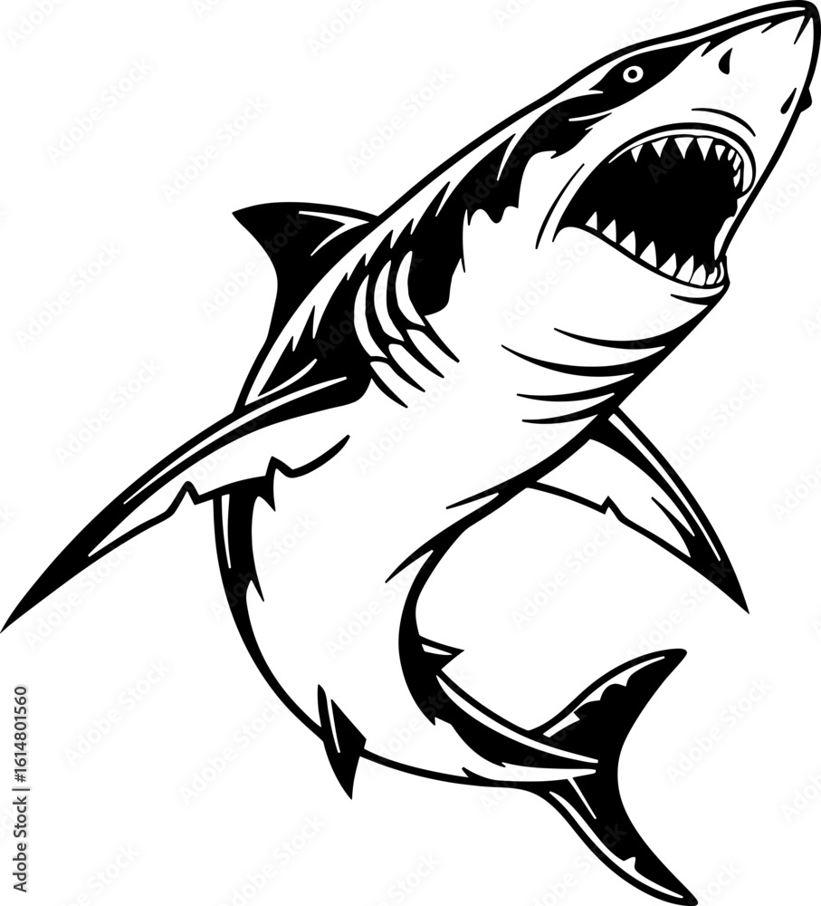 Obraz premium a large shark in black and white style with its mouth open showing sharp teeth