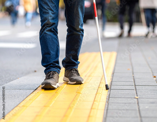 A blind person walks on the sidewalk guiding block