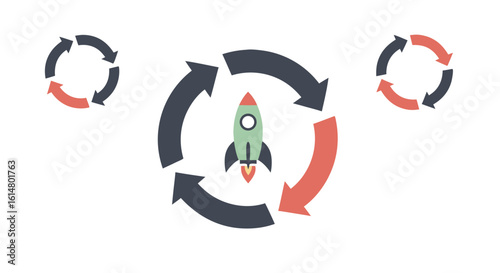 Technological Startup Icon: A dynamic emblem featuring a central rocket encircled by cyclical arrows, representing innovation, progress, and the iterative journey of a technological startup.