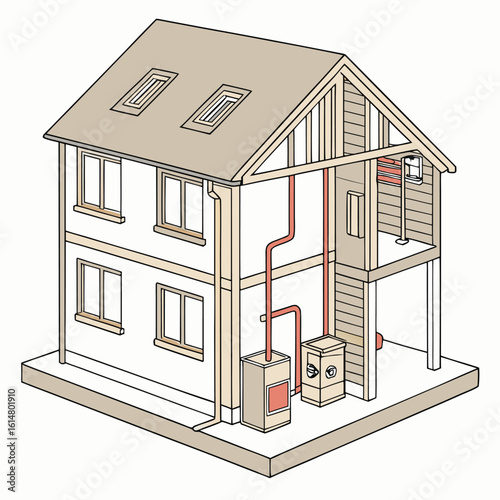 Isometric view of a two story house with exposed interior pipes and heating elements and two roof windows