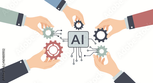 AI Collaboration: Hands working together to assemble an AI circuit, showcasing teamwork and technological innovation. The image conveys concepts of collaboration, intelligence, and innovation.