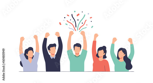 Team Achievement with Celebration: A vibrant illustration depicting a diverse group, arms raised, reveling in the joy of shared accomplishments.