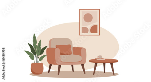 Cozy Interior Design: An inviting interior, furnished with a plush armchair, a modern side table, a potted plant, and decorative wall art, creating a sense of warmth and modern charm.