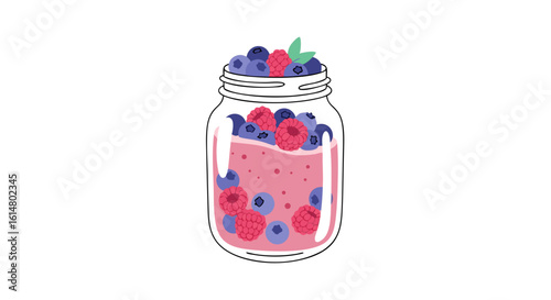 Berry Smoothie in a Jar: A refreshing berry smoothie presented in a mason jar, decorated with an arrangement of fresh berries, captures a moment of flavorful delight.