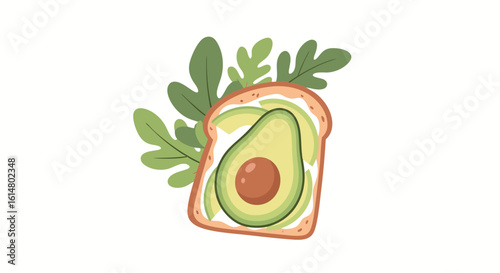 Avocado Toast: A visually appealing top-down depiction showcases a healthy avocado toast artfully presented with fresh arugula. This vibrant photo is perfect for food blogs, recipe creations.