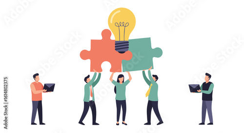 Teamwork & Innovation: A collaborative group uniting puzzle pieces to illuminate an innovative idea, symbolizing synergy.