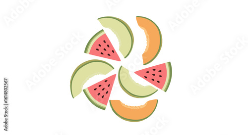 Summer Fruit Medley: A vibrant and appetizing arrangement of sliced cantaloupe, watermelon, and honeydew, arranged in a visually appealing pattern.