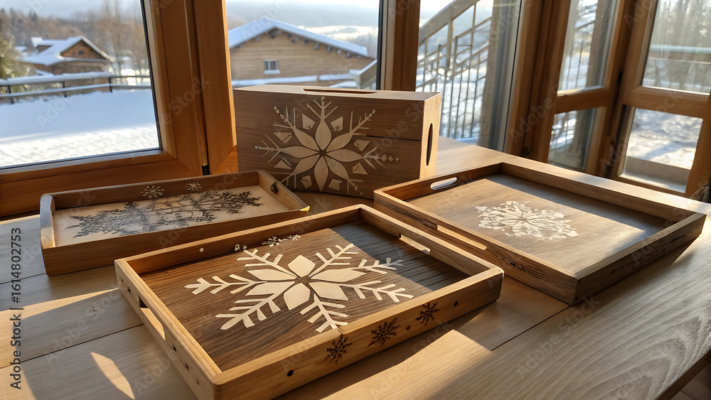 Fototapeta premium Rustic wooden trays with snowflake designs by a window