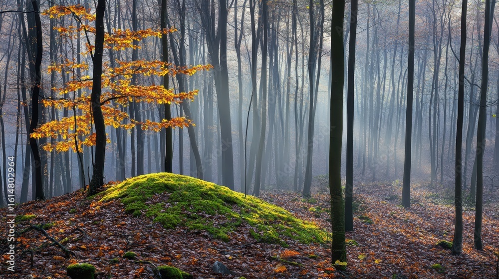 Obraz premium Tranquil Autumn Forest with Fog and Vivid Yellow Leaves in Focus