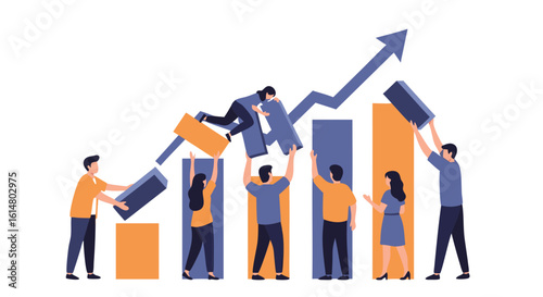 Business Growth: Colleagues collaborate to assemble building blocks and chart a course of continuous improvement, symbolizing collaborative progress.