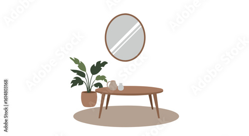 Cozy Interior Arrangement: An inviting illustration, showcasing a minimalist setting with a wooden coffee table, a potted plant, a circular mirror and soft rug creating a sense of serenity.