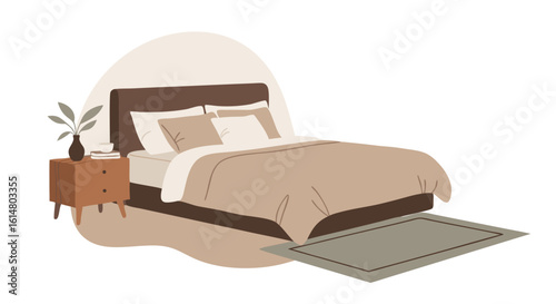 Cozy Bedroom Interior: A tranquil illustration of a bedroom with a plush bed, bedside table, rug, and minimalistic decor, offering a sense of serenity and comfort.