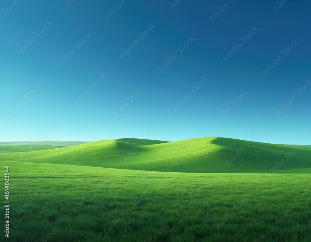 Fototapeta premium Vibrant green rolling hills under clear blue summer sky. Vast meadow landscape offers tranquil scene of nature and agriculture. Gentle slopes capture sunlight across expansive rural countryside.