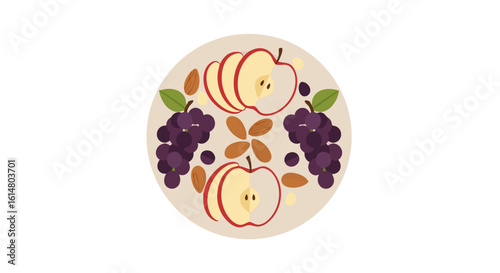 Fresh Fruits Presentation: An appealing composition of fresh apples, grapes and almonds artfully arranged on a circular plate, creating a visually delightful and enticing image.