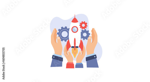 Startup's liftoff: Hand cradling and supporting the rocket in the sky which symbolize for success and goal in the future.