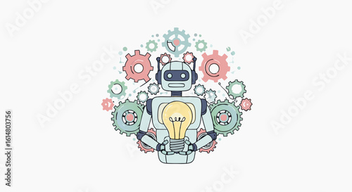 Innovation in Action: A vibrant illustration captures a robot cradling a lightbulb, symbolizing the fusion of technology, innovation, and intelligent creation.