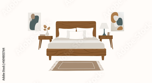 Cozy Bedroom Interior Design: A meticulously crafted bedroom scene showcases a bed as the focal point, flanked by bedside tables, artwork, a rug, and soft lighting.