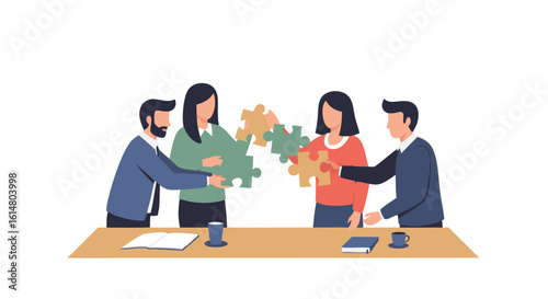Team Collaboration on a project: In this eye-level shot, four figures, each meticulously placing the last puzzle pieces to complete the project, symbolizing unity and cooperation.