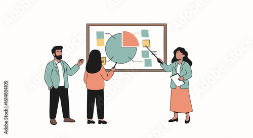 Data Analysis Presentation: Three individuals engage in a detailed presentation of data analytics on a whiteboard. The image evokes the spirit of collaboration, brainstorming.