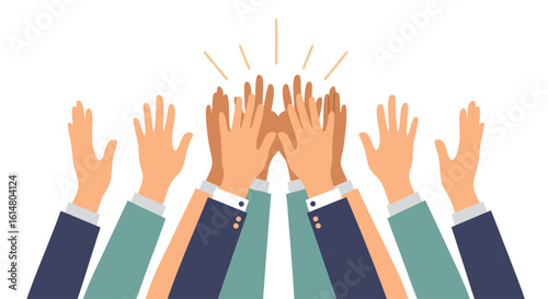 Rising Applause: A striking visual of multiple hands raised in unison, radiating appreciation, joy, and acknowledgment. Evoking positive emotions and the power of collective appreciation. 