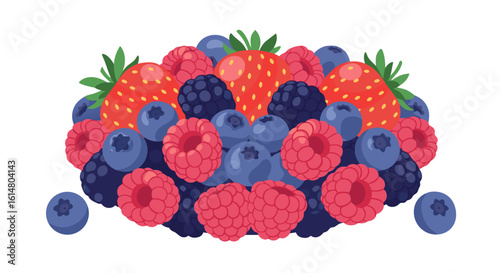 Fresh Berry Burst: A vibrant and colorful illustration showcases an assortment of ripe berries, including succulent strawberries, plump blueberries, sweet raspberries, and juicy blackberries.