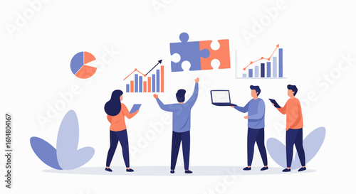 Strategic Synergy: Colleagues collaborate to assemble pieces of the puzzle, symbolizing teamwork, data analysis, and strategic planning in a modern business environment. 