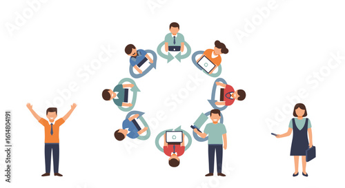 Teamwork Circle: A colorful, cartoon-style image showing a diverse group of individuals in a collaboration setting, using laptops in a circular arrangement.