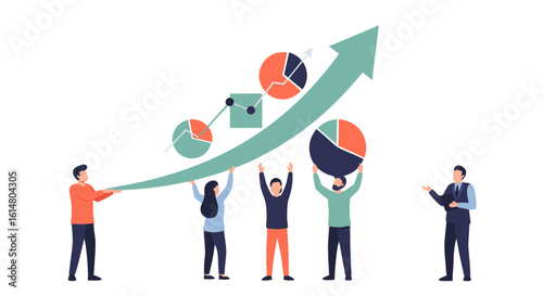 Rising Trend: A determined team pulls together to elevate a business graph, symbolizing growth and success, showcasing a commitment to achieve milestones.