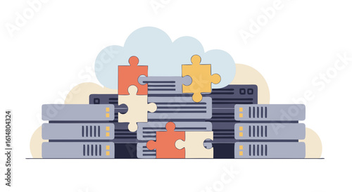 Cloud Computing Integration: A visually striking image of computer server, interconnected through a cloud computing, symbolizing data, and innovation.