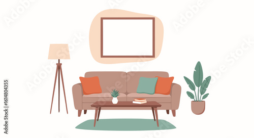 Cozy Living Room Design: A beautifully illustrated living room, with a modern sofa, minimalist decor, and a serene ambiance, inviting comfort and relaxation.