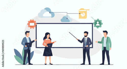 Cloud Data Presentation: A professional team uses presentation screen, showcasing the cloud data transfer and connected business.