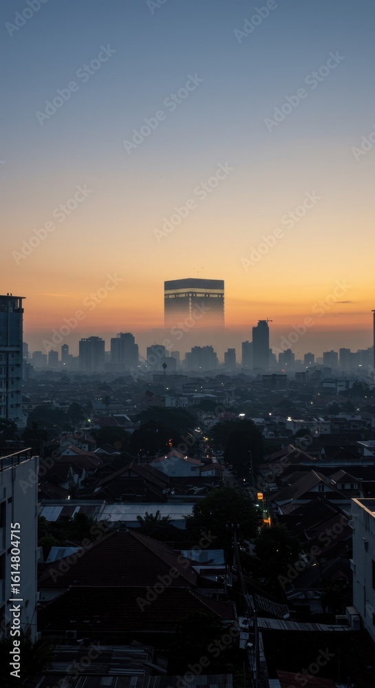 Obraz premium Cityscape Sunrise: A Serene Dawn Over Urban Skyline and Misty Buildings