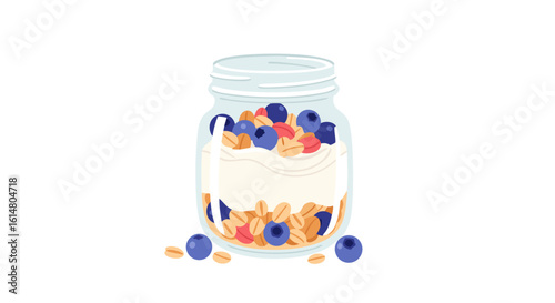 Delicious Berry Yogurt in a Jar: A mouthwatering illustration showcases a vibrant glass jar filled with layers of creamy yogurt, crunchy granola, and fresh, juicy berries. A visually appealing.