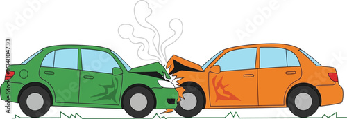 Two cars crashed head-on, causing damage and smoke, symbolizing accidents