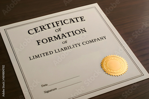 LLC registration certificate with an official golden seal, neatly located on a wooden table, offering recognition, achievement or official documentation