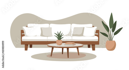 Cozy Living Room Interior: A minimalist depiction of a living room interior, featuring a modern sofa, a round coffee table, and potted plants, showcasing comfort and natural elements.
