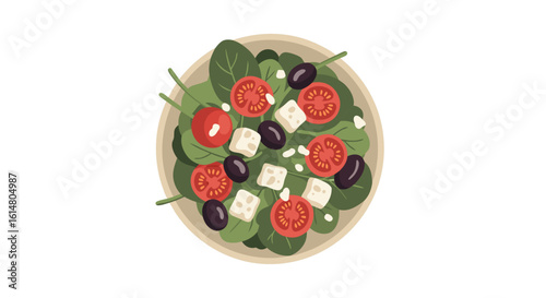 Fresh Salad Delight: An overhead perspective showcases a vibrant bowl of fresh salad, featuring spinach, tomatoes, olives, and feta cheese, a culinary composition bursting with color.