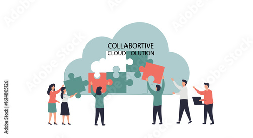 Cloud Solution Collaboration: Illustrative graphic of individuals working collaboratively to assemble puzzle pieces representing cloud technology and innovative solutions.
