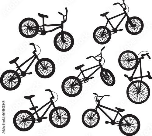 Black bicycle silhouettes with spoked wheels and handlebars white