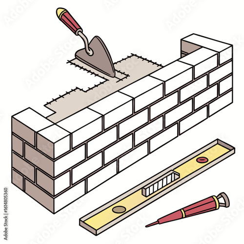 Illustration of a brick wall under construction with tools including trowel level and plumb bob shown