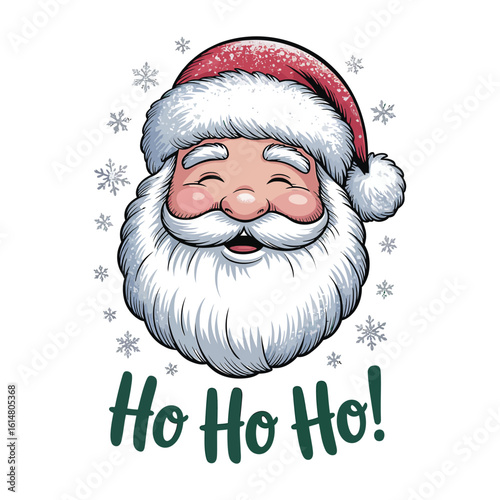 Jolly santa face with snowflakes and text santa claus