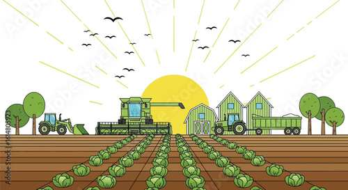 Abundant harvest season with tractors and combine on sunny farm field