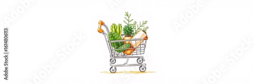 Miniature Shopping Cart with Groceries & Ferns, Warm Golden Glow