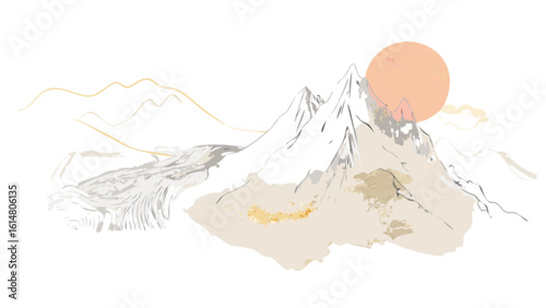 Mountain range landscape drawing with sun nature scene peak summit travel adventure sketch illustration art